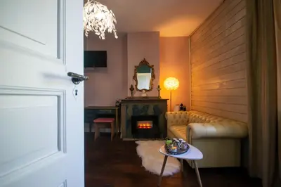 a living room with a couch and a fireplace at Mas des 2 paons in Villedaigne