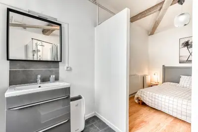 a bathroom with a sink and a bed in a room at Le Nid - tout à pied - Wifi in Carcassonne