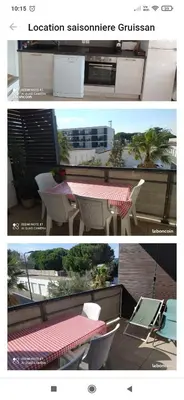 a collage of two pictures of a table and chairs at Location saisonnière Résidence Ephyra Gruissan in Gruissan