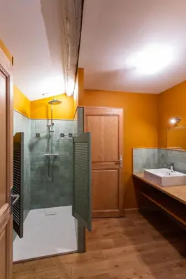 a bathroom with a shower and a sink at L'HORTE in Revel