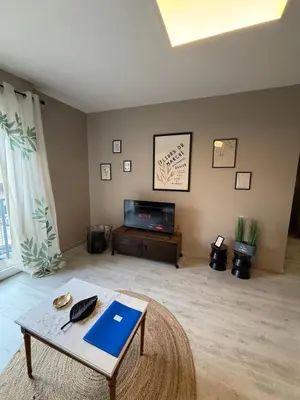 a living room with a table and a tv at Le carré Gambetta in Carcassonne
