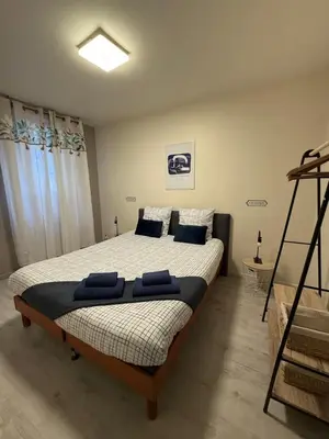 a bedroom with a large bed with blue pillows on it at Le carré Gambetta in Carcassonne