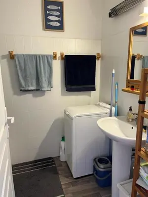 a small bathroom with a sink and a washer and dryer at Chez Armelle in Port-la-Nouvelle