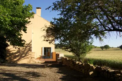 a house in a field with a stone wall at Château Pech-Celeyran in Salles-dʼAude