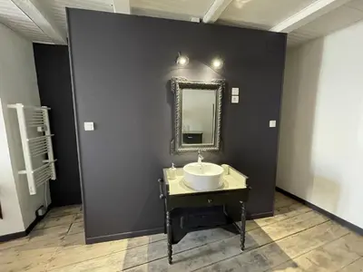 a bathroom with a sink and a mirror on a wall at Le Taurillou in Taurize
