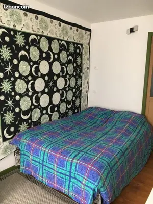 a bed in a bedroom with a blanket on a wall at Escale à Castelnaudary in Castelnaudary