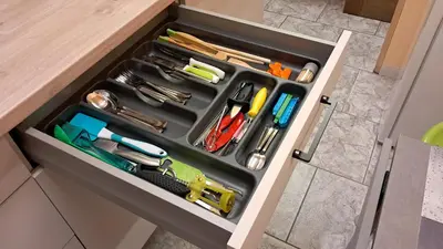 a drawer filled with lots of tools in a kitchen at My Quiet Place near Carcassonne in Carcassonne