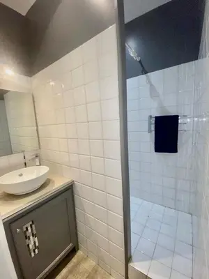 a white bathroom with a sink and a shower at *Chic & Basic T3* place Carnot in Carcassonne