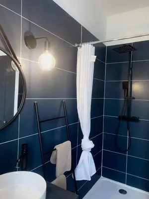 a blue bathroom with a shower and a sink at *Chic & Basic T3* place Carnot in Carcassonne