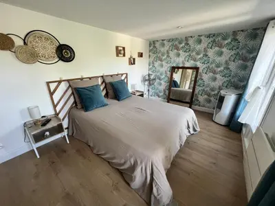 a bedroom with a large white bed with blue pillows at Pavillon T2 climatisé in Villefranche-de-Lauragais
