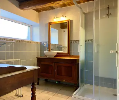 a bathroom with a sink and a mirror and a shower at Gite été in Le Soulié