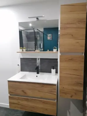 a bathroom with a sink and a mirror at Charmant appartement de village in Pennautier