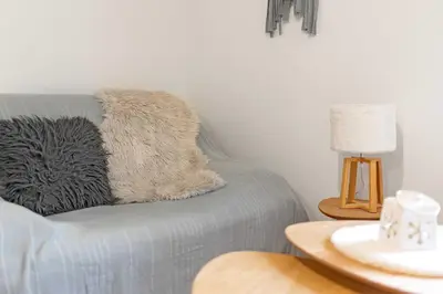 a couch with two pillows on it in a living room at Le Polaire in Mazamet