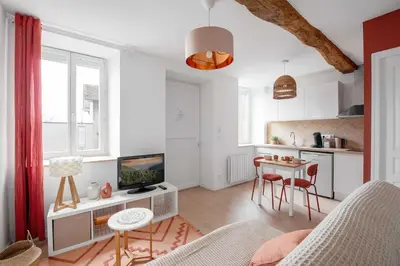 a living room with a couch and a table at Agréable studio cosy entièrement rénové in Mazamet