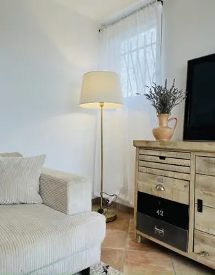a living room with a couch and a television at Les cigales - souplex cosy et calme in Mas-Saintes-Puelles