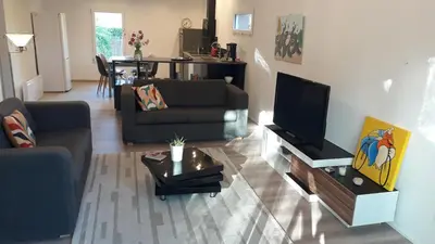 a living room with a couch and a tv at L' Abri du Saule in Aussillon