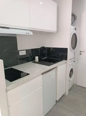 a white kitchen with a sink and a washing machine at Charmant studio avec piscine in Villemoustaussou