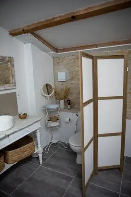 a bathroom with a toilet and a sink at Bessire Chambres & table d'hôtes in Belflou