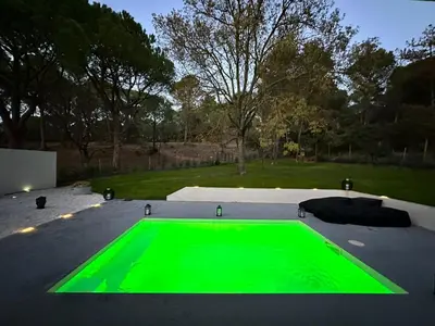a green swimming pool in a driveway with a yard at Le Clos FMR - Romain in Malves-en-Minervois