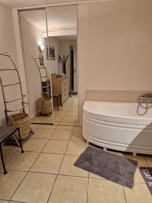 a bathroom with a tub and a mirror at Petite maison au cœur du village in Cessenon