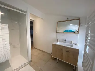 a bathroom with a sink and a mirror and a shower at O'Bonheur de Hamma in Castelnaudary