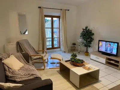 a living room with a couch and a tv at Au pied de la cité, T3 au calme in Carcassonne