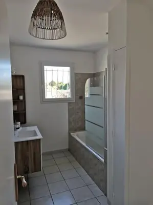 a bathroom with a shower and a sink at La Maison du Bagas, 7pers in Vielmur-sur-Agout