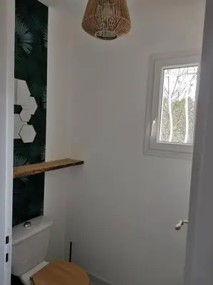 a bathroom with a toilet and a window at La Maison du Bagas, 7pers in Vielmur-sur-Agout