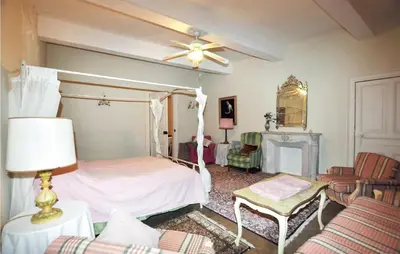 a bedroom with a bed and a ceiling fan at Nice Home In Ventenac-En-Minervois in Ventenac en Minervois