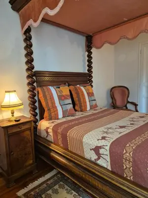 a bedroom with a canopy bed with a lamp and a table at Mas de la vigne in Montredon