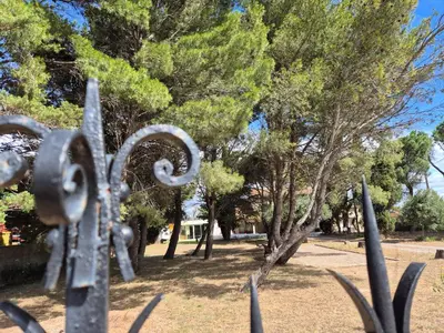 a metal fence in a park with trees at Mas de la vigne in Montredon