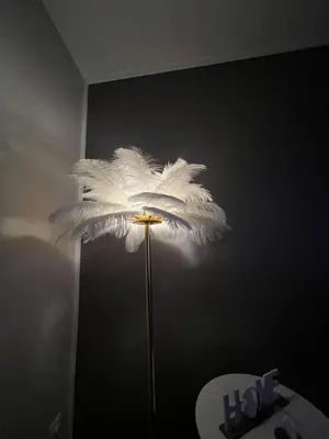 a lamp with white feathers on a black wall at Plumes Résidence de l’Agout in Castres