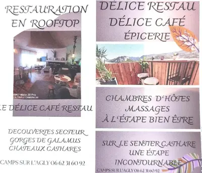a collage of photos of a restaurant and a sign at L'ÉTAPE BIEN ÊTRE,chambres et tables d'hôtes, salon de massage in Camps-sur-lʼAgly