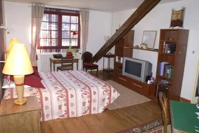 a bedroom with a bed and a tv in it at Maison chaleureuse à Cuxac-Cabardès avec jardin de 3500m² in Cuxac-Cabardès