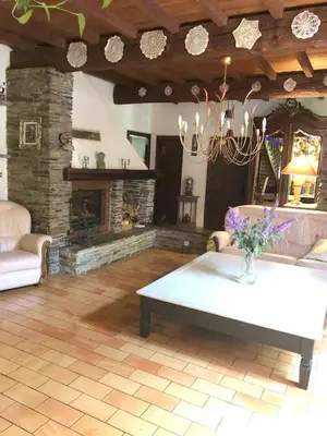 a living room with a table and a fireplace at Maison chaleureuse à Cuxac-Cabardès avec jardin de 3500m² in Cuxac-Cabardès