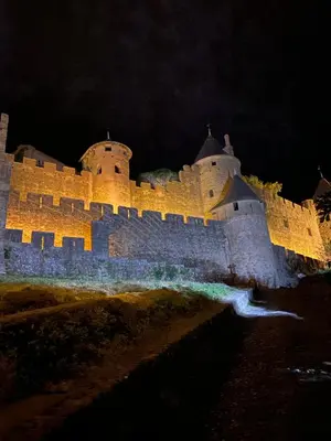 a large castle lit up at night at Domaine de Gourgounet gîte à la ferme, Gite de groupe 25 couchages avec piscine privative in Villefloure