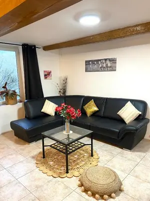 a black couch in a living room with a table at Domaine de Gourgounet gîte à la ferme, Gite de groupe 25 couchages avec piscine privative in Villefloure
