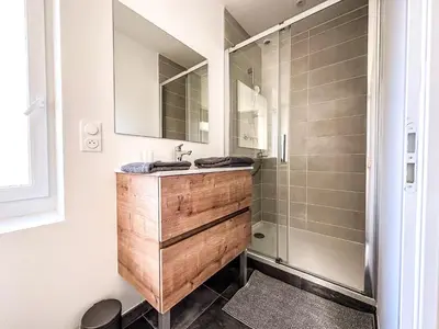 a bathroom with a sink and a shower at T2 Le Miredames in Castres