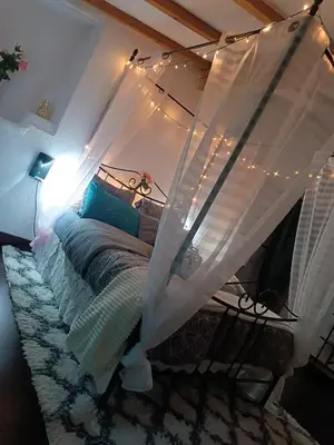 a bedroom with a bed with a canopy and lights at Jolie maison de village in Capendu