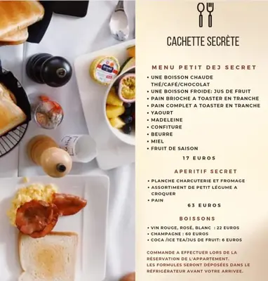 a menu for a restaurant with food on a table at Cachette Secrète & SPA Narbonne in Narbonne