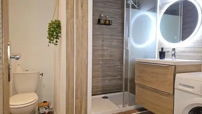 a bathroom with a shower and a toilet and a sink at Cap Jungle Evasion: Cinema Netflix King size in Limoux