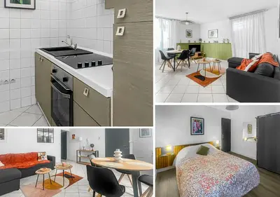 three pictures of a kitchen and a living room at Le Petit Paradis de Carcassonne in Carcassonne