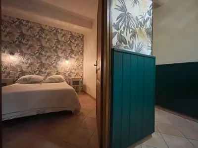 a bedroom with a bed and a green door at La Traverse - au pied de la Cité Médiévale - Clim et terrasse in Carcassonne