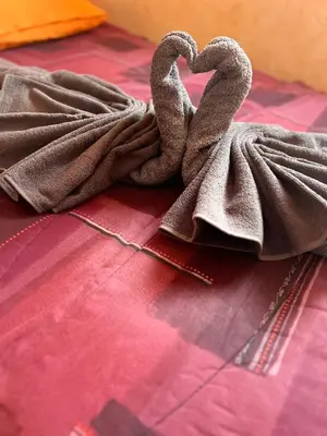 two towel swans sitting on top of a bed at La terrasse de Gruissan in Gruissan