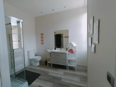 a bathroom with a toilet and a sink and a mirror at L'école buissonnière in Laroque-dʼOlmes