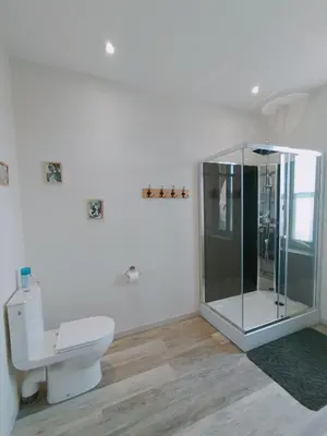 a bathroom with a toilet and a glass shower at L'école buissonnière in Laroque-dʼOlmes