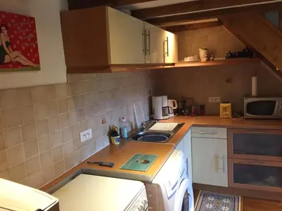 a small kitchen with a sink and a microwave at La Barthe Haute in Puycalvel Lautrec