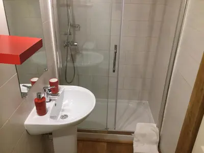 a bathroom with a sink and a shower at La Barthe Haute in Puycalvel Lautrec