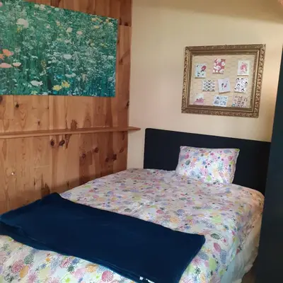 a bedroom with a bed and a painting on the wall at Les deux arches in Caunes-Minervois