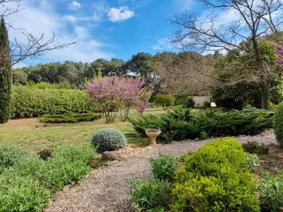 a garden with bushes and trees in the background at Tranquil Villa, Nature s Embrace in Cazouls-lès-Béziers